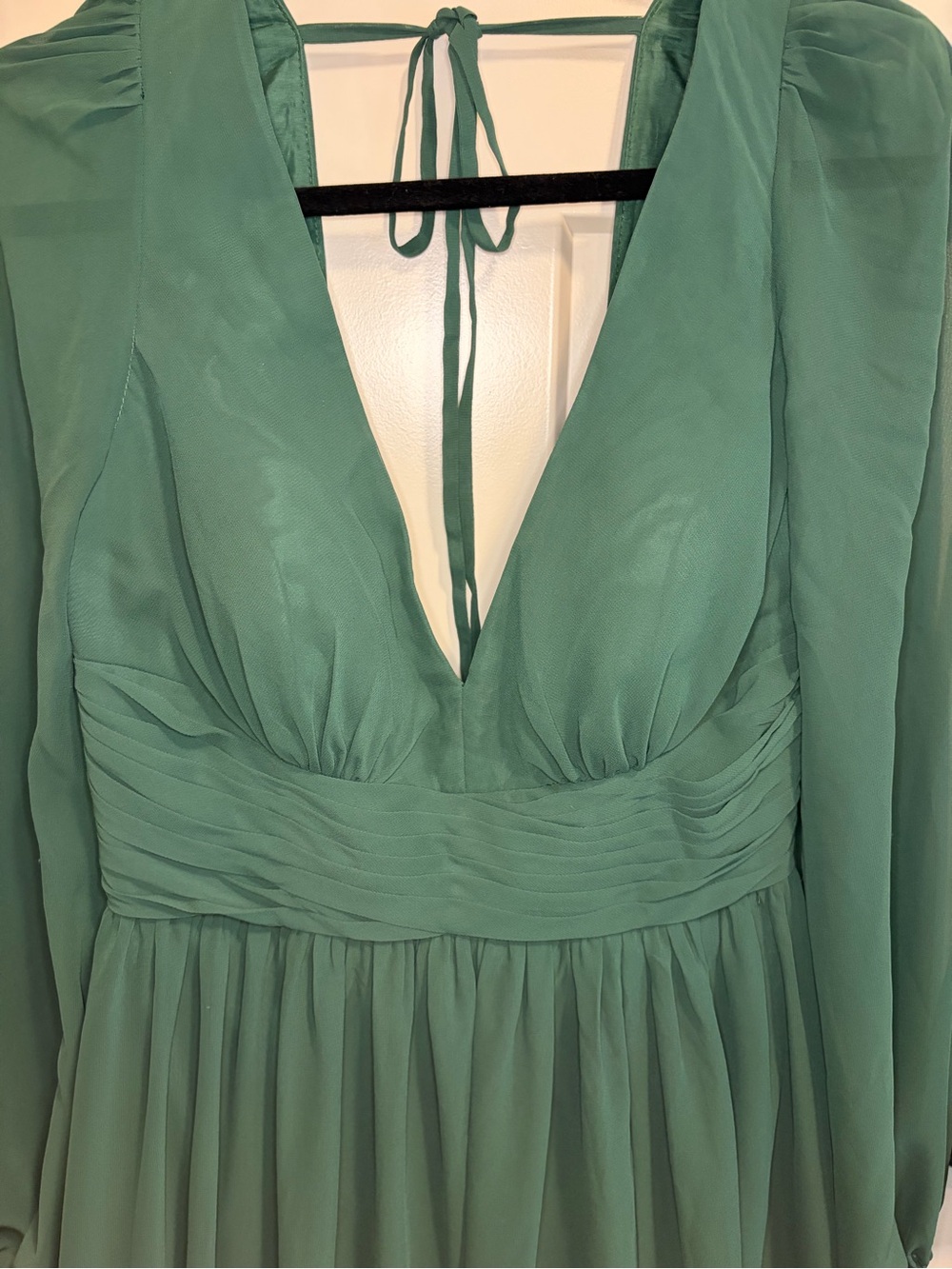 Azazie Forest Green V-Neck Long Sleeve Chiffon Maxi Dress with Front Slit - Picture 8 of 9